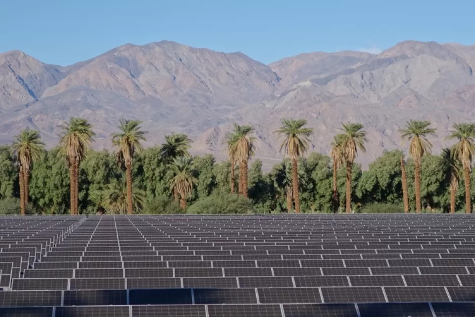 Array of solar panels in the foreground with palm trees and mountains in background, Death Valley, California